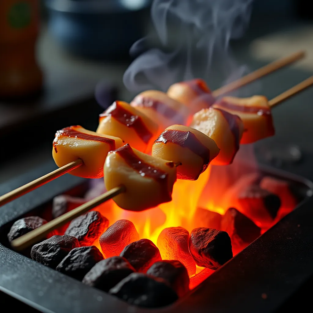 Yakitori sobre carvão binchotan — calor intenso direto