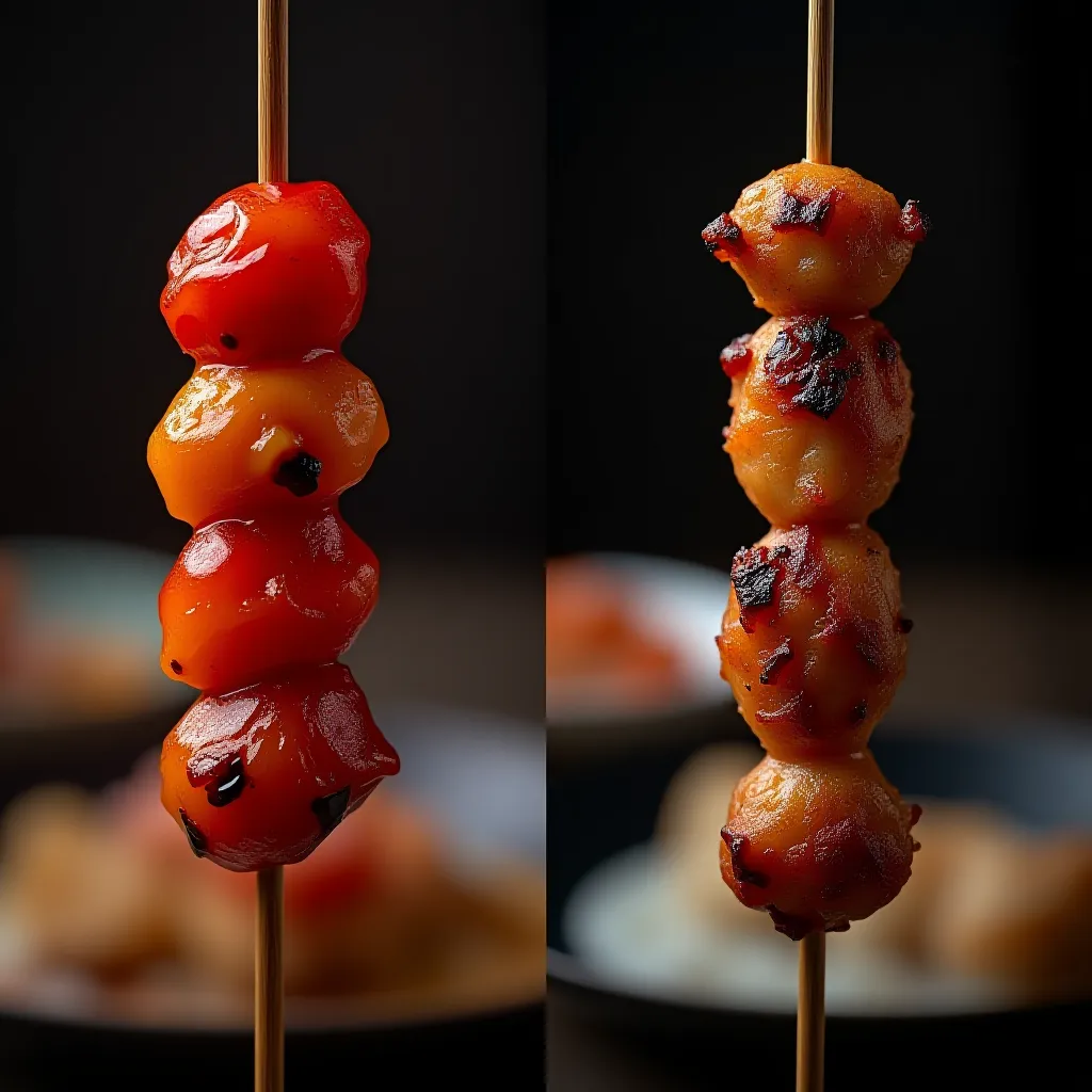 Comparação: yakitori perfeito vs yakitori queimado