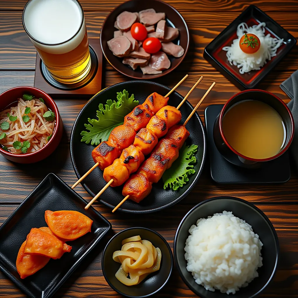 Refeição completa de yakitori com arroz, missô e acompanhamentos