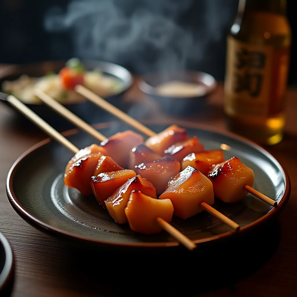 Yakitori autêntico com tare brilhante e carvão japonês