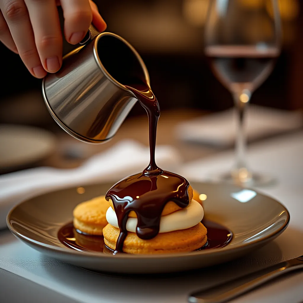 Calda de chocolate quente sendo despejada sobre profiteroles ao vivo