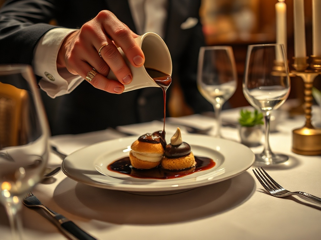Serviço à la minute de profiterole com calda de chocolate na mesa