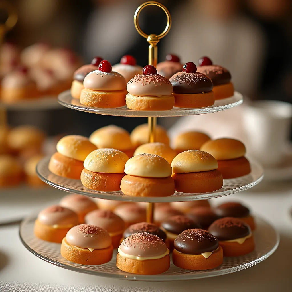 Variedade de éclairs e profiteroles em expositor de confeitaria francesa