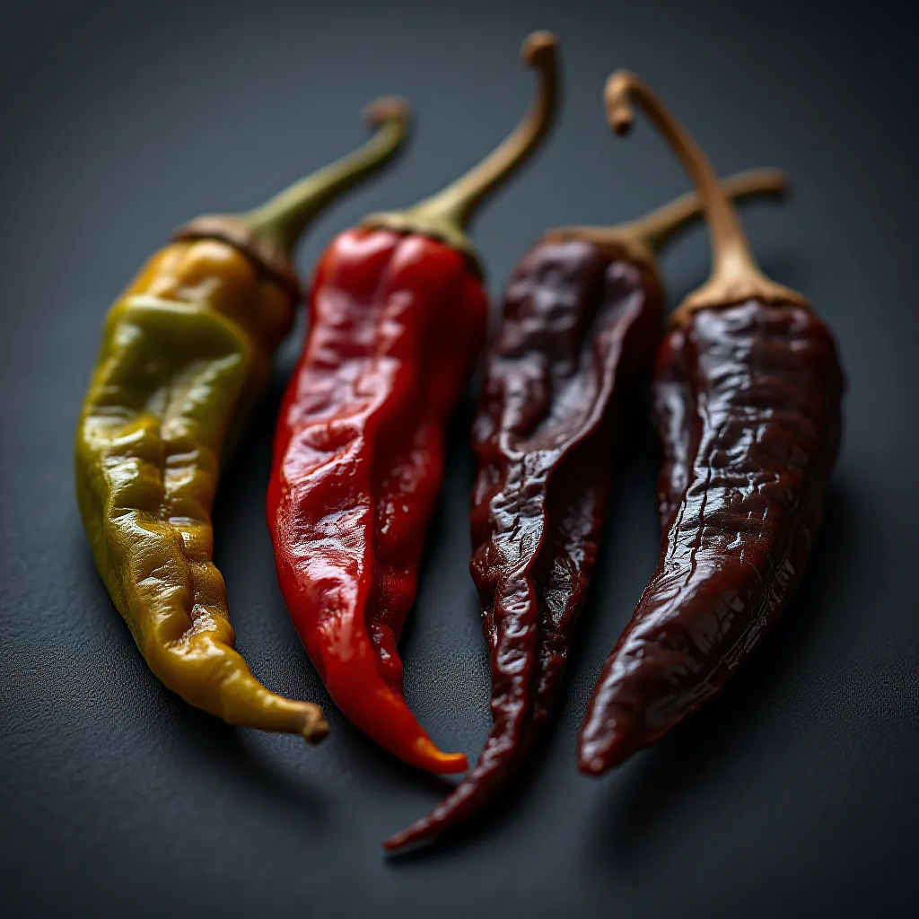 Quatro chiles secos mexicanos em ardósia