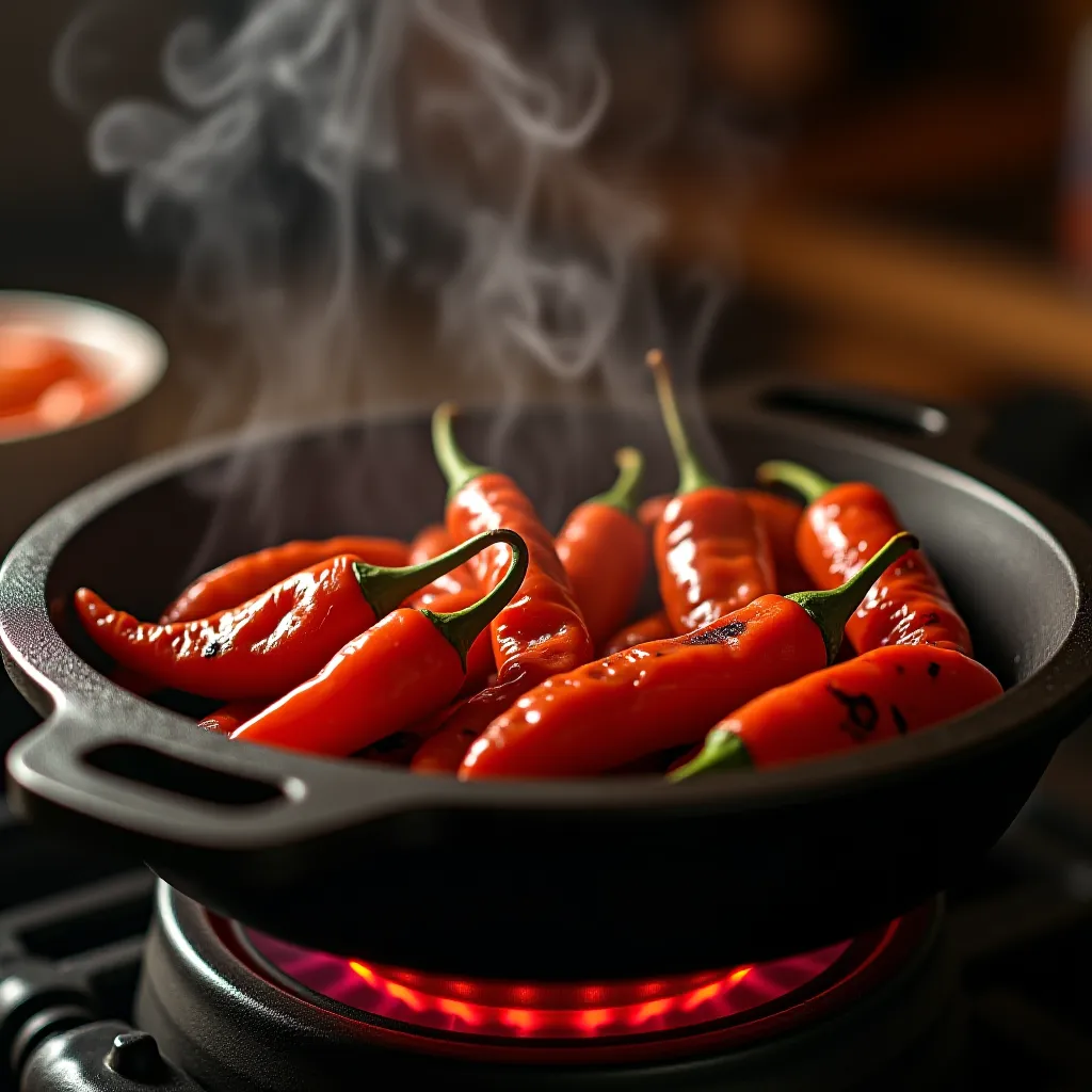 Chiles secos torrados em comal de ferro