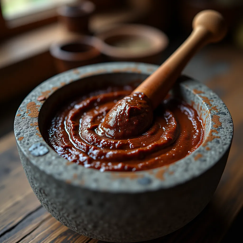 Pasta de mole poblano em molcajete de pedra