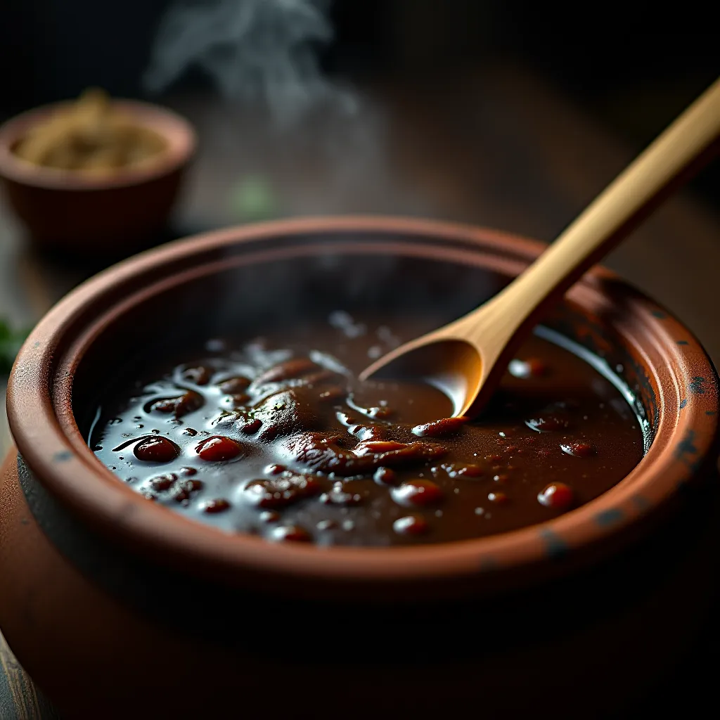 Mole poblano cozinhando em panela de barro