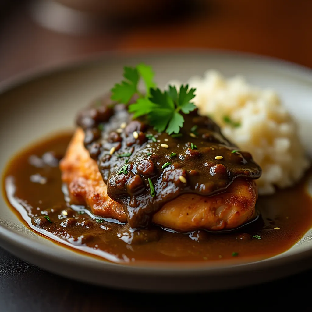 Mole poblano sobre frango com arroz branco