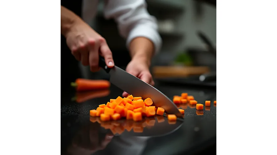 Corte de legume em uma mesa de trabalho