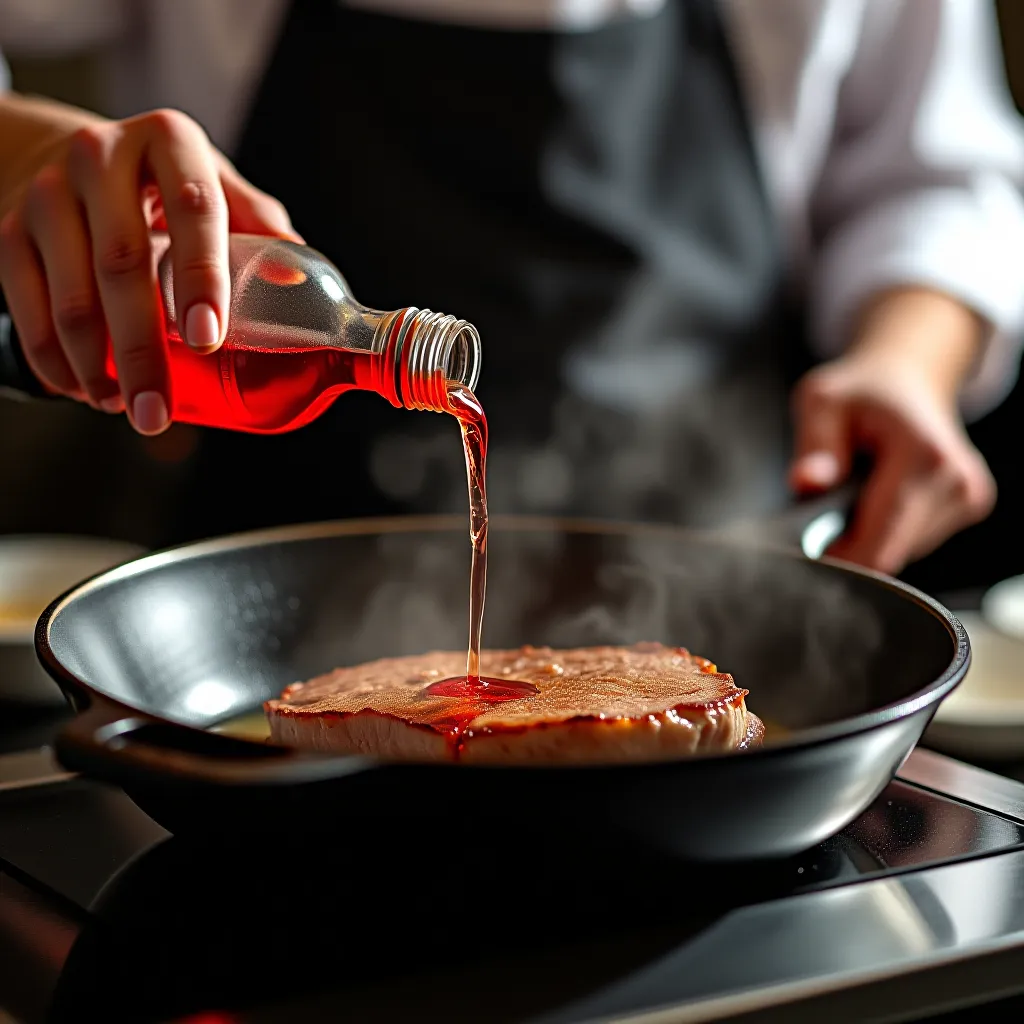 Chef deglaceando frigideira com vinagre de vinho tinto em prato salgado