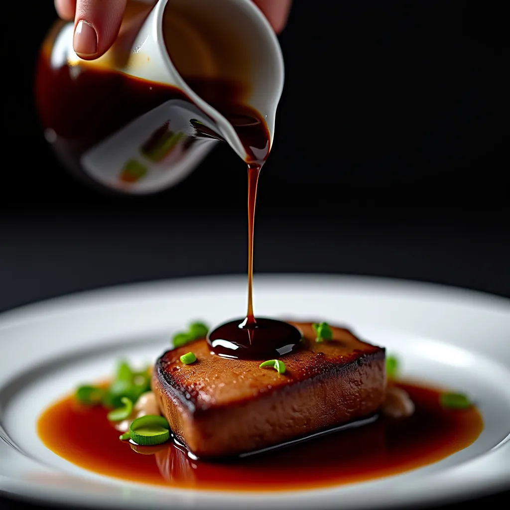Molho gastrique sendo servido sobre peito de pato em prato gourmet