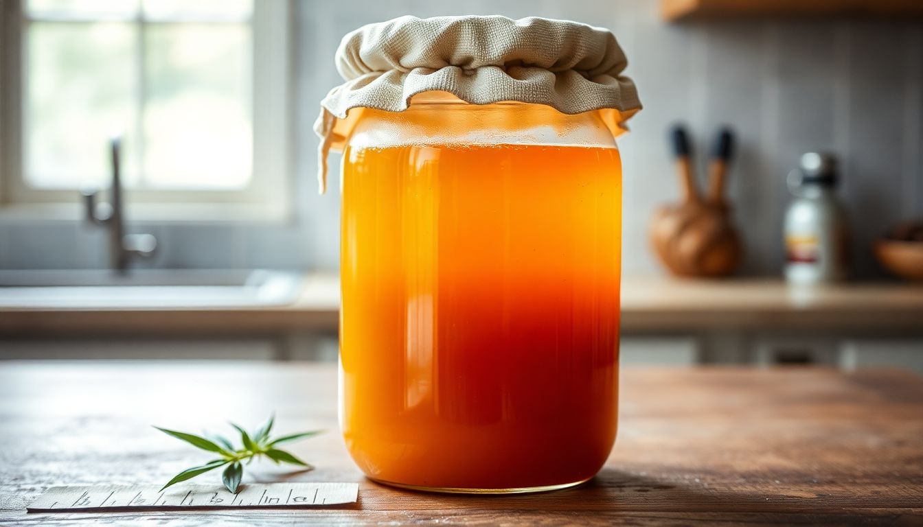 Pote de vinagre caseiro fermentando em bancada de cozinha rústica