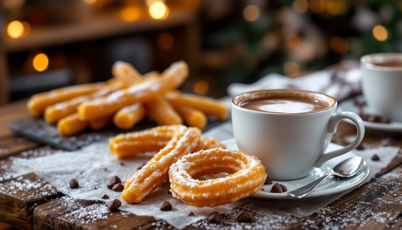 mesa com churros e chocolate quente estilo café espanhol