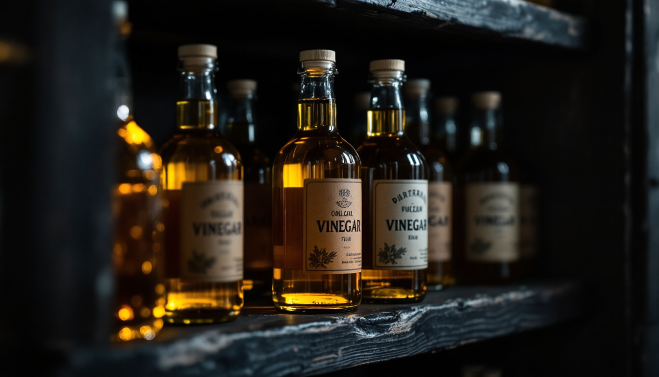 Garrafas de vinagre armazenadas em prateleira escura de despensa