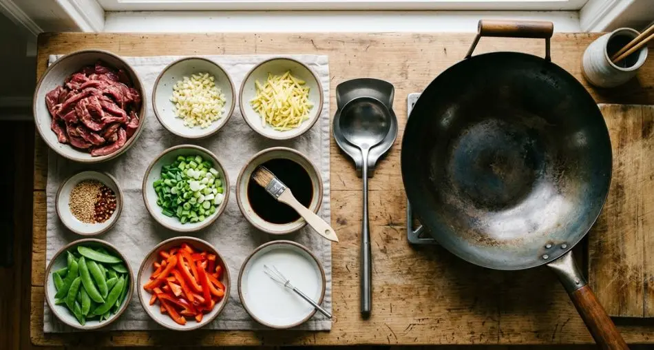 "A técnica passo a passo") Overhead shot of mise en place for a wok stir-fry, small bowls with sliced beef, garlic, ginger, scallions, soy sauce, cornstarch slurry, neatly arranged next to an empty carbon steel wok, natural light, top-down food photography, 16:9