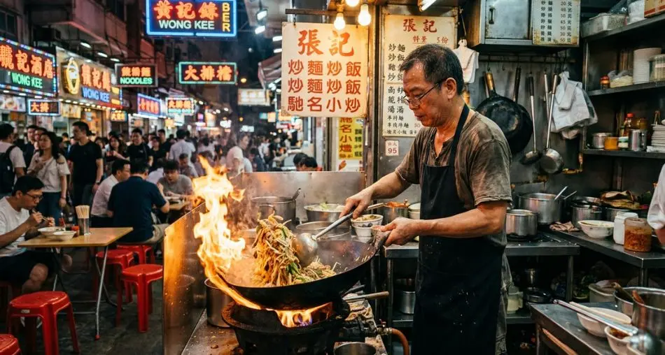 "Um pouco de história") Bustling Hong Kong street food stall (dai pai dong) at night, cook working over a roaring wok flame, neon signs blurred in background, documentary style food photography, warm cinematic tones, 16:9