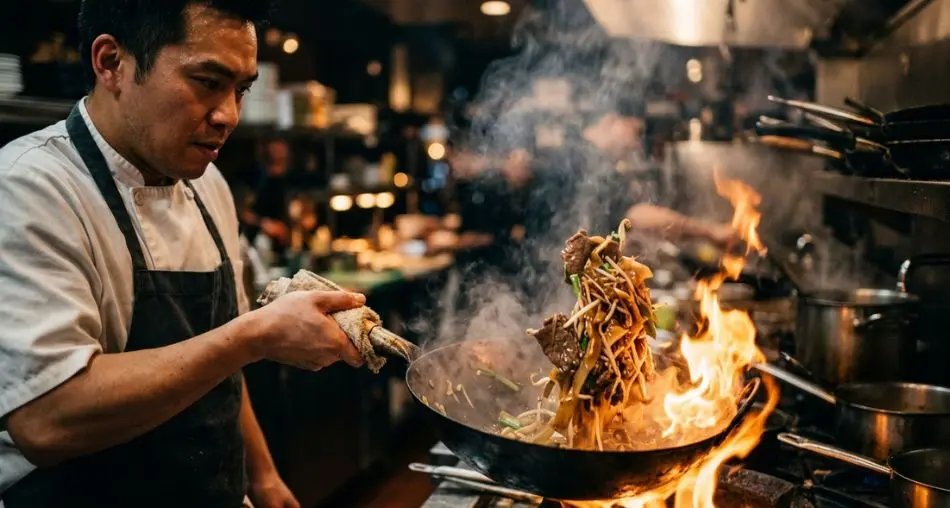Close-up action shot of a chef tossing beef chow fun in a flaming carbon steel wok, visible flames licking the sides, steam and smoke rising, dramatic restaurant kitchen lighting, cinematic food photography, shallow depth of field, 169