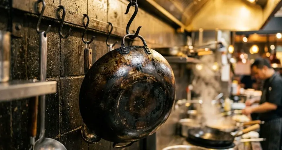 Close-up of a well-seasoned dark carbon steel wok hanging on a restaurant kitchen wall, patina and years of use visible, warm golden light, artisanal kitchen equipment photography, 16:9