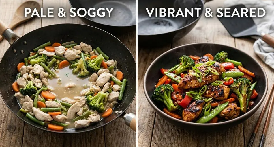 "Erros comuns que matam o wok hei") Split image showing a sad overcrowded pale stir-fry with visible liquid pooling on the left, and a vibrant glistening properly seared stir-fry with charred edges on the right, clean studio food photography, 16:9