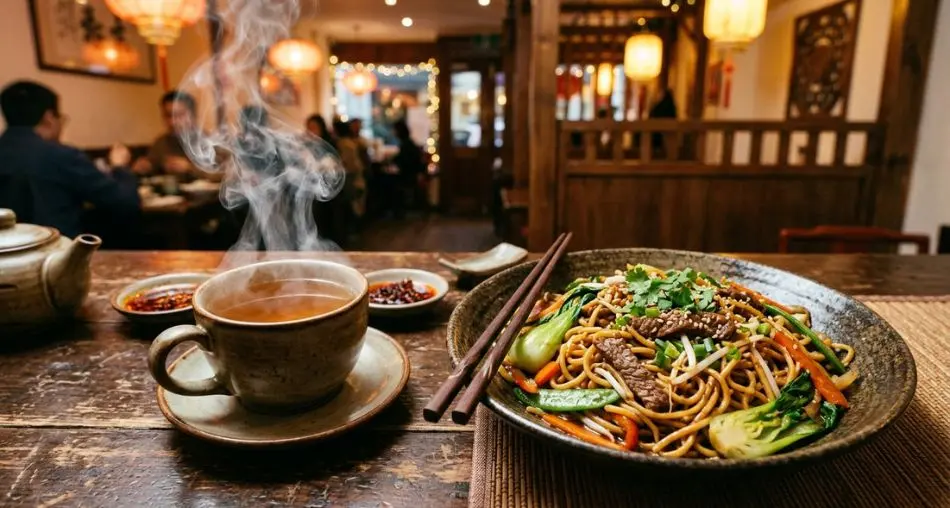 "Harmonização e dica do chef") Steaming cup of oolong tea beside a plate of stir-fried noodles on a wooden table, soft warm ambient lighting, cozy Chinese restaurant atmosphere, lifestyle food photography, 16:9