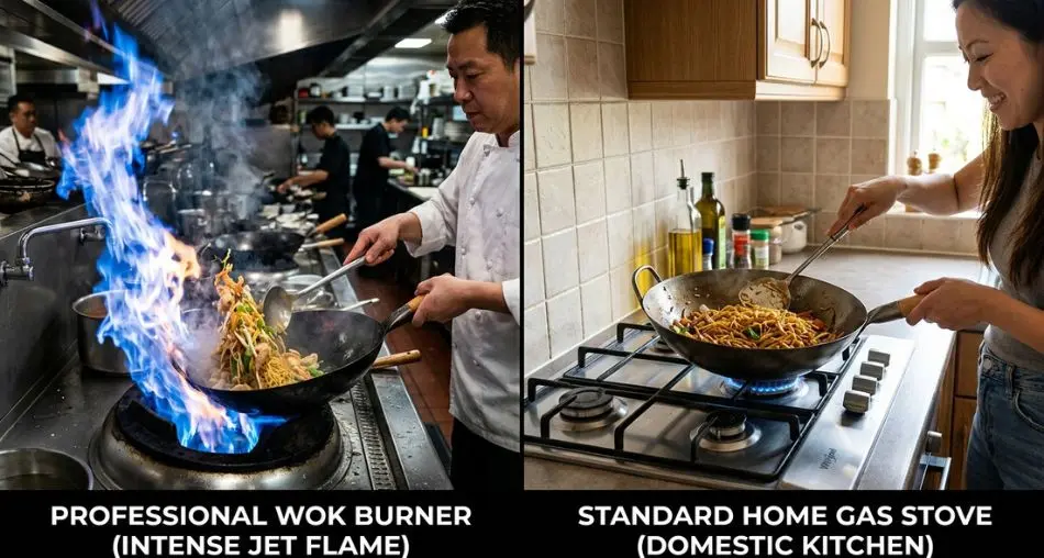 "Por que o fogão doméstico não reproduz isso sozinho") Split comparison photograph, left side a professional Chinese restaurant wok burner with intense blue flame, right side a standard home gas stove with a wok on it, clean editorial food photography, 16:9