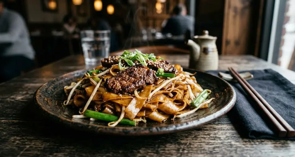 "Receita prática – Beef Chow Fun") Finished beef chow fun noodles plated on a dark ceramic plate, glossy caramelized rice noodles, seared beef slices, bean sprouts, scallions, chopsticks resting on the side, moody restaurant-style food photography, shallow depth of field, 16:9